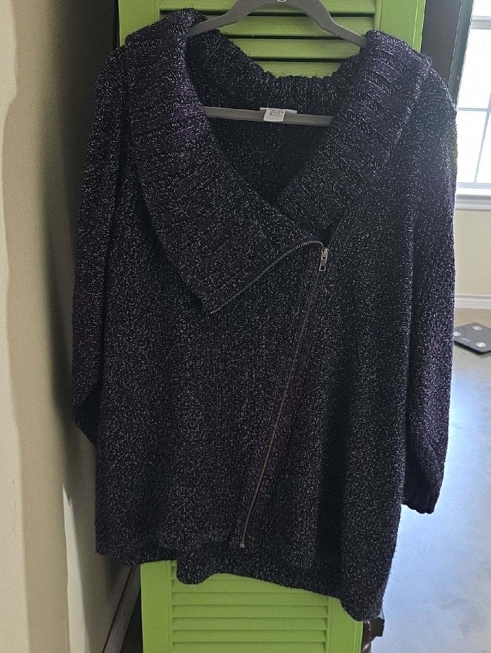 Catherines Metallic Purple Shawl Collar Zip Sweater